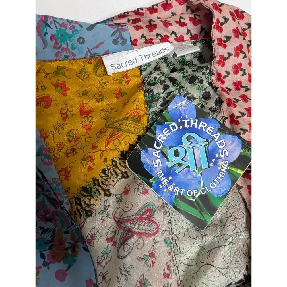 NWT Sacred Threads Vintage 100% Silk Patchwork Long Kimono M - Picture 4 of 10